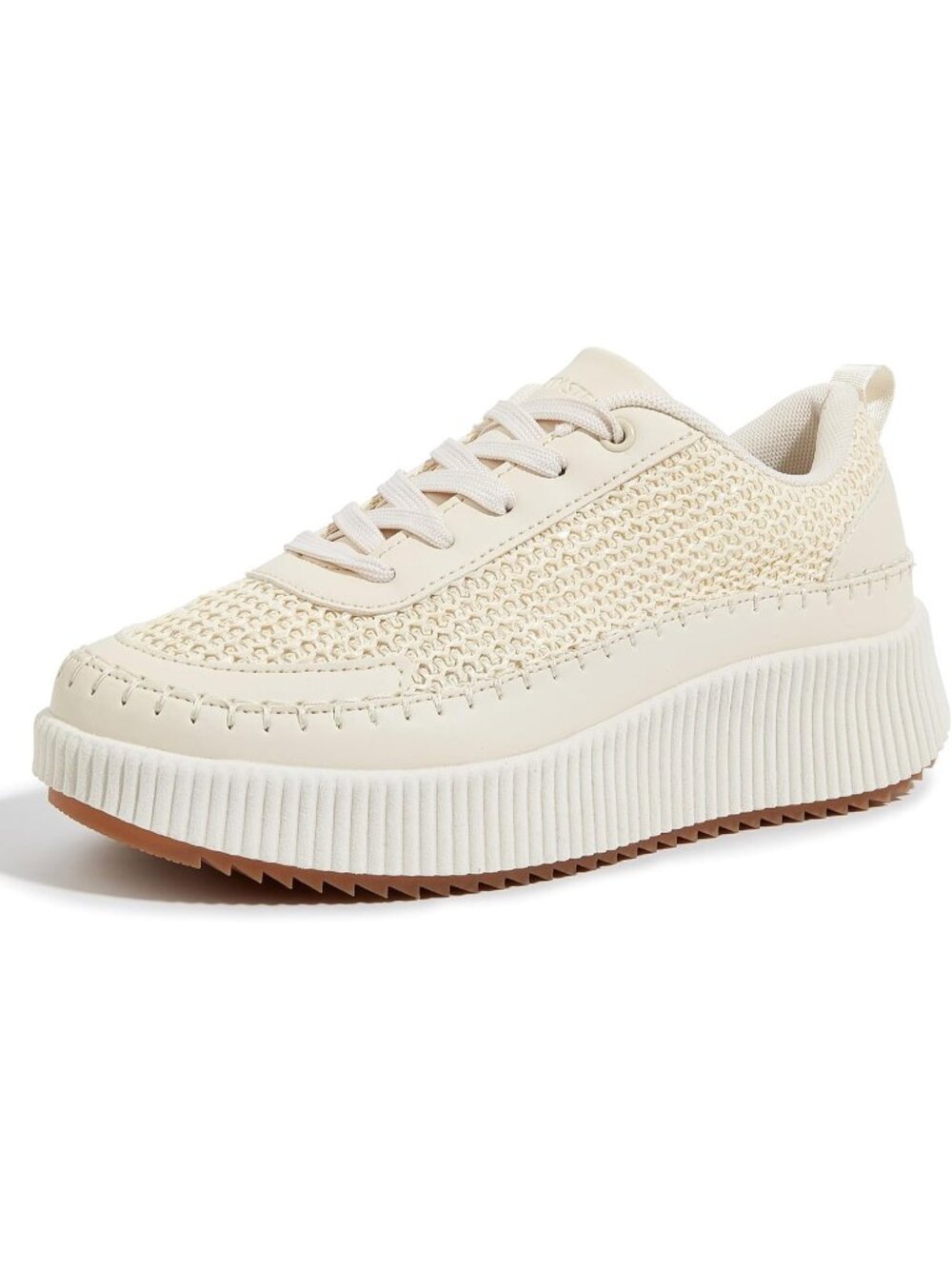 Women's Beige Knit Woven Platform Lace Up Anti Slip Durable Chunky Sneakers